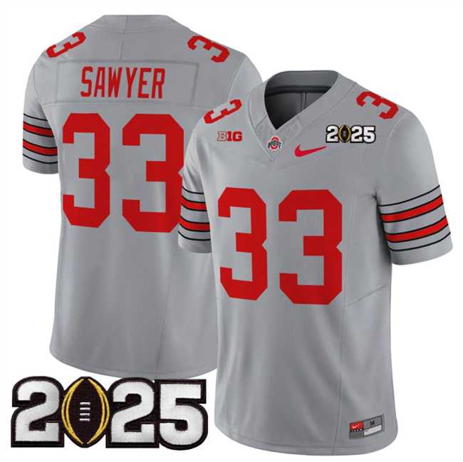 Mens Ohio State Buckeyes #33 Jack Sawyer Grey 2025 CFP Final Patch F.U.S.E. Vapor Limited Stitched Football Jersey